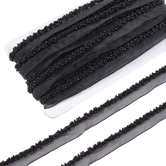 8 Yards Black Glass Beads Lace Trim Mesh Ribbon Embroidery Small Beaded Edged Vintage Polyester Sheer Yarn Ribbons Bulk for Sewing Making Clothing Accessories Decor Gift Wrapping DIY Craft Black