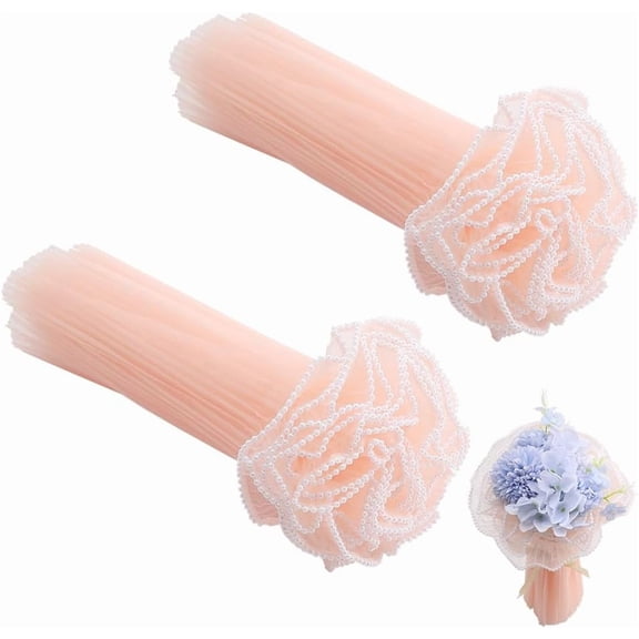 8 Yards Pink Pearl Edge Organza Flower Wrapping Mesh Paper Ruffle Pearl Edge Bouquet Packaging Wrappers Wrinkled Translucent Wavy Net Yarn Decor for Christmas Valentine's Day Pink
