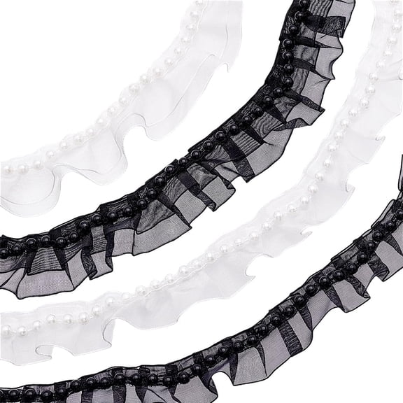 8 Yards Ruffle Lace Ribbon 1 inch 1.3 inch Trim Pearl Beaded Lace Trim 1/2 Layer White Pearl Lace Trim Black Lace Ribbon with Pearls for Sewing Craft Clothes Dress Wedding DecorationMixed Color
