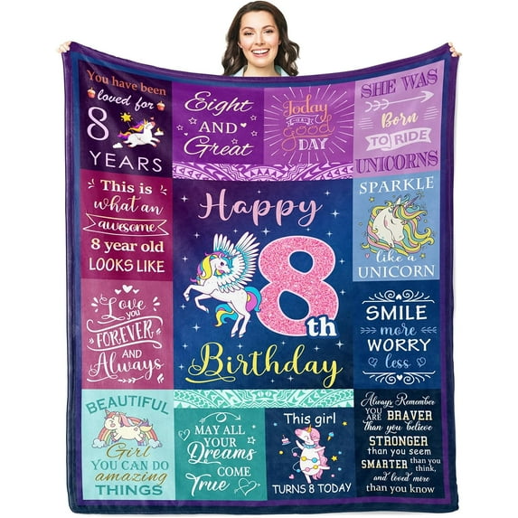 8 Year Old Girl Birthday Gift Ideas Blanket 60"x50", Best Gifts for 8 Year Old Girls, 8th Birthday Gifts for Girl, Birthday Gifts for 8 Year Old Girl, 8th Birthday Decorations for Girls