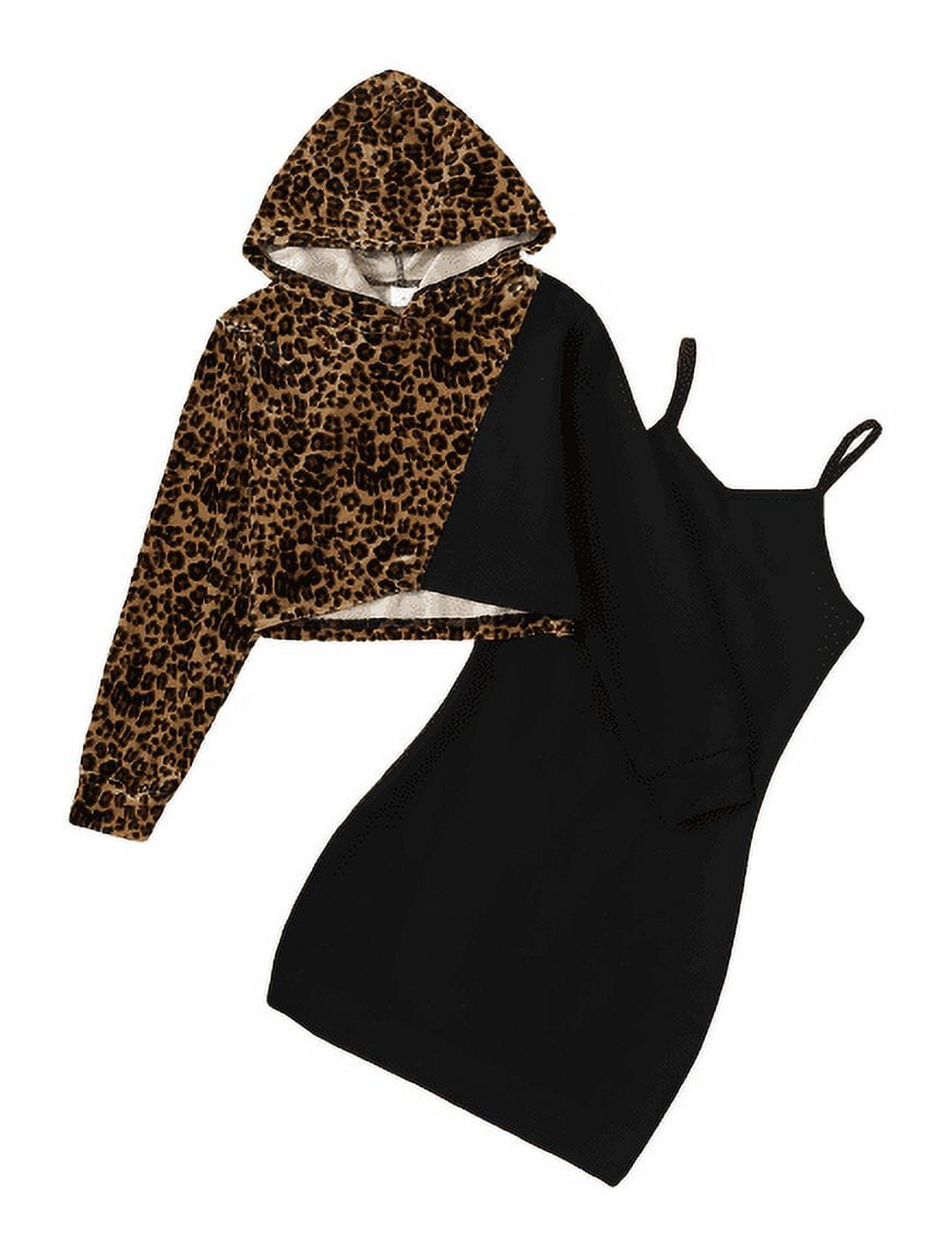 8 Years Kid Girls Outfits Leopard Pattern Splice Asymmetrical Sweater Hoodies Short Tops Sleeveless V Neck Dress 2Pcs Nice Apparel Clothes Set Size: 8-14T Black
