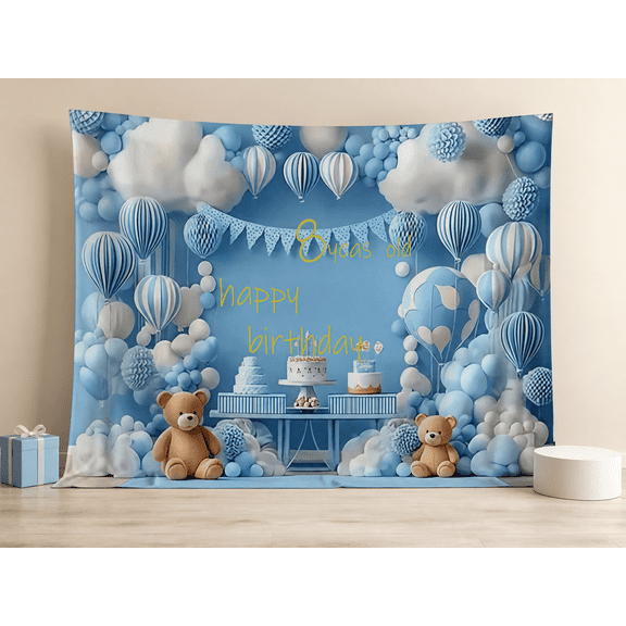 8 Years Old Blue Cloud Teddy Bear Birthday Photography Backdrop
