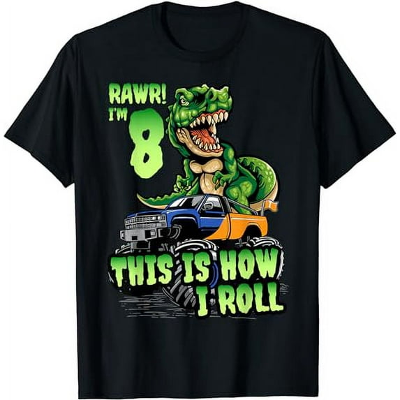 8 Years Old Boy Birthday Shirt Dinosaur Trex Monster Truck T-Shirt