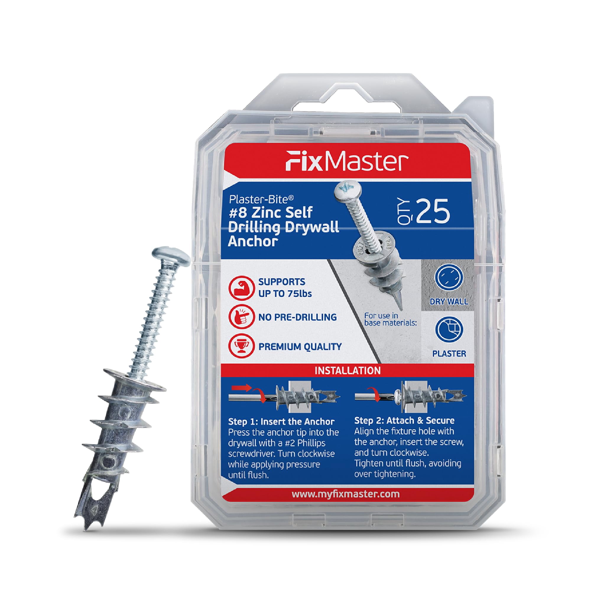 #8 Zinc Plaster Bite Self Drilling Drywall Anchors w/Screws (25 Anchors & 25 Screws) – Heavy Duty Zinc Hollow Wall Anchor Kit for 3/8", 1/2", 5/8" Drywall – 75 lbs Holding Strength