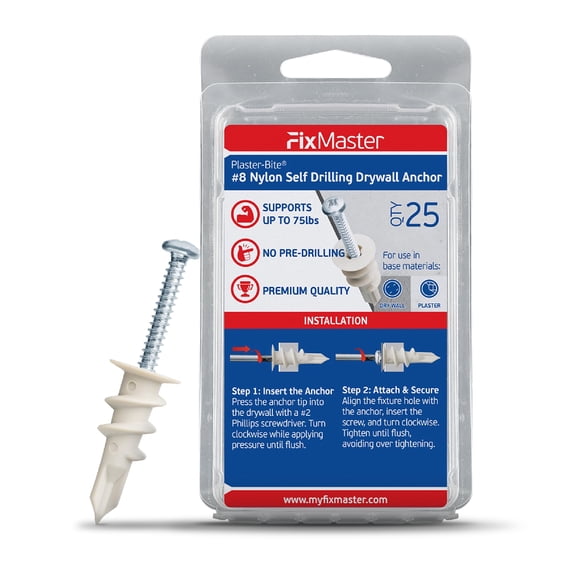 #8 Zinc Plaster Bite Self Drilling Drywall Anchors w/Screws (25 Anchors & 25 Screws) – Heavy Duty Zinc Hollow Wall Anchor Kit for 3/8", 1/2", 5/8" Drywall – 75 lbs Holding Strength