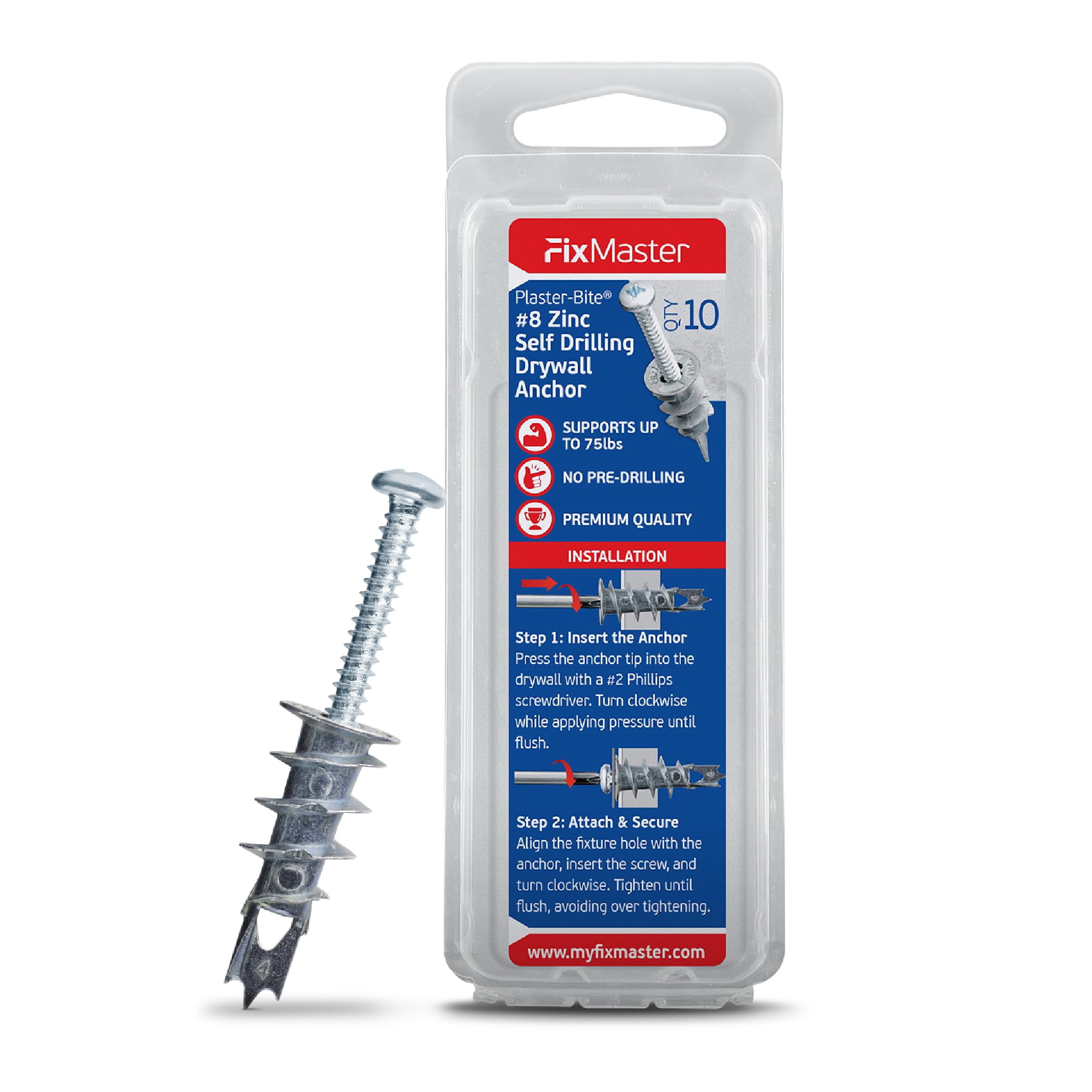 #8 Zinc Plaster Bite Self Drilling Drywall Anchors w/Screws (25 Anchors & 25 Screws) – Heavy Duty Zinc Hollow Wall Anchor Kit for 3/8", 1/2", 5/8" Drywall – 75 lbs Holding Strength