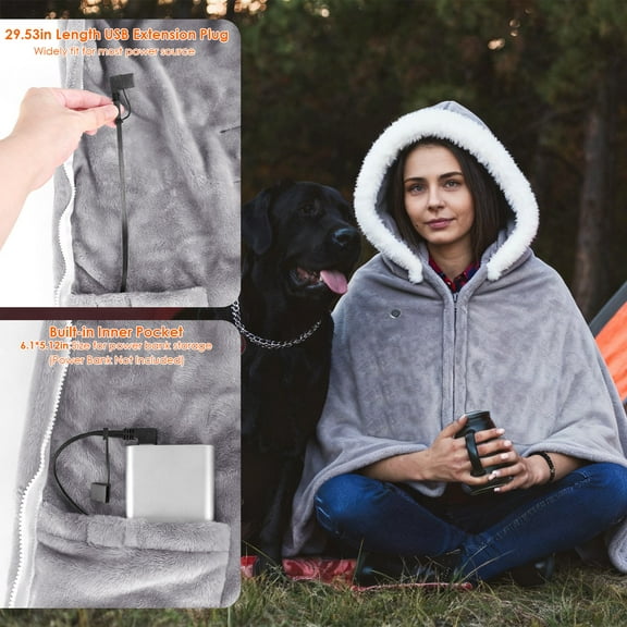 8-Zone Wearable Heated Blanket - 3 Adjustable Heat Levels, 59x31in Soft Flannel, USB-Powered Portable Design with Pockets, Machine Washable Winter Warmth