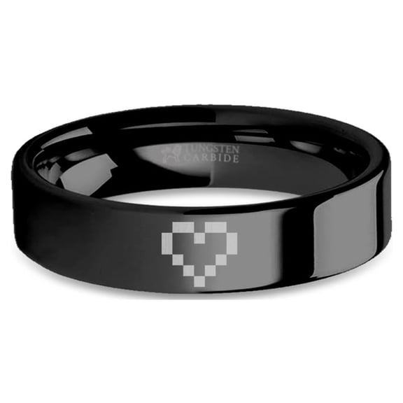 8-bit Pixelated Heart Retro Gamer Engraved Black Tungsten Ring, 6mm, Size 6