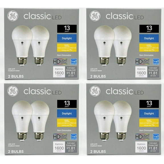 (8 bulbs) GE classic LED A19 Daylight Bulbs, 15 watt, 1600 Lumen, HD Light, Exceptional color contrast and brightness, 100 watt equivalent, LED light bulb