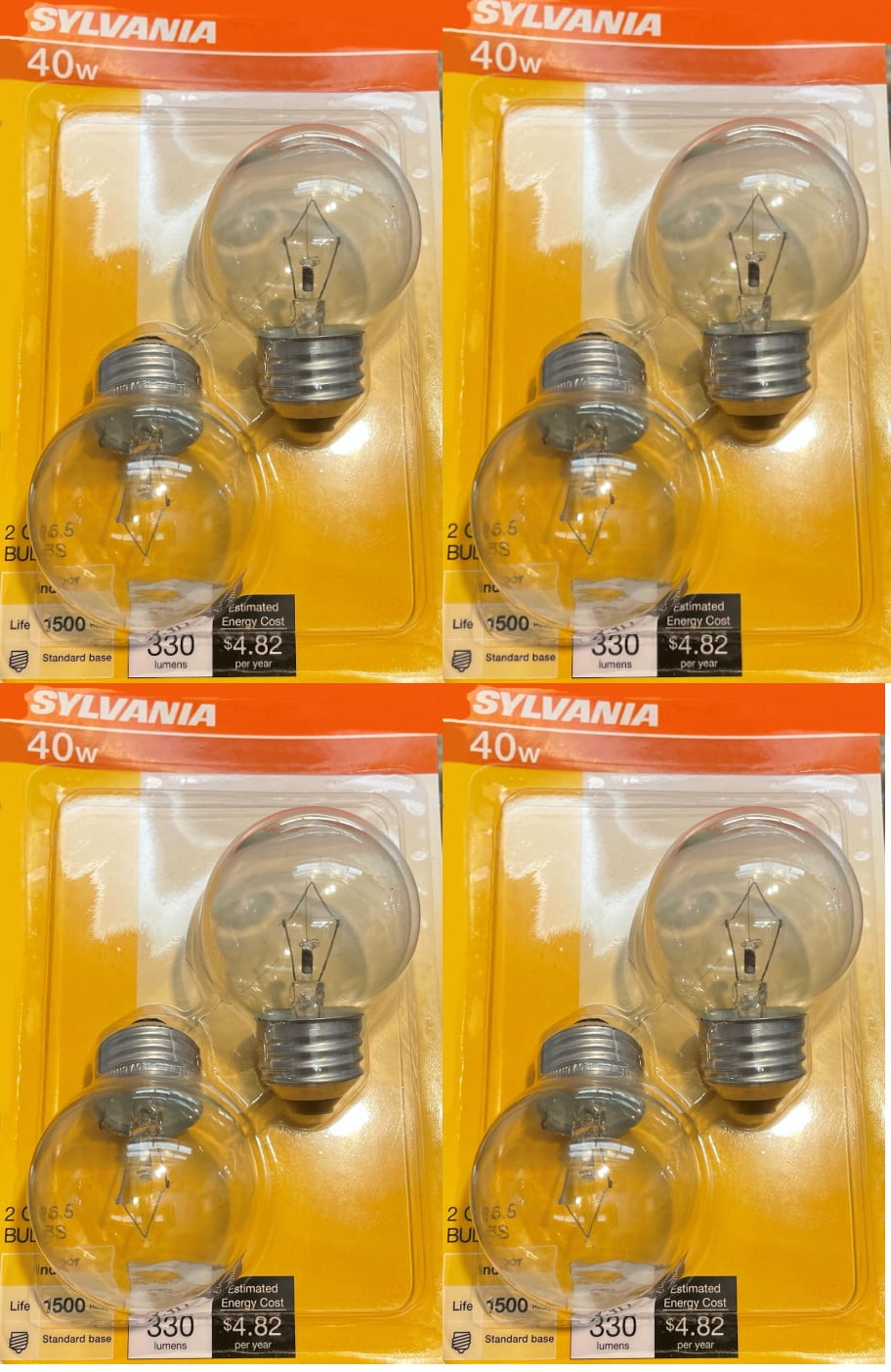(8 bulbs) Sylvania 16516 Incandescent 40 watt G16.5 Globe, clear, light bulb