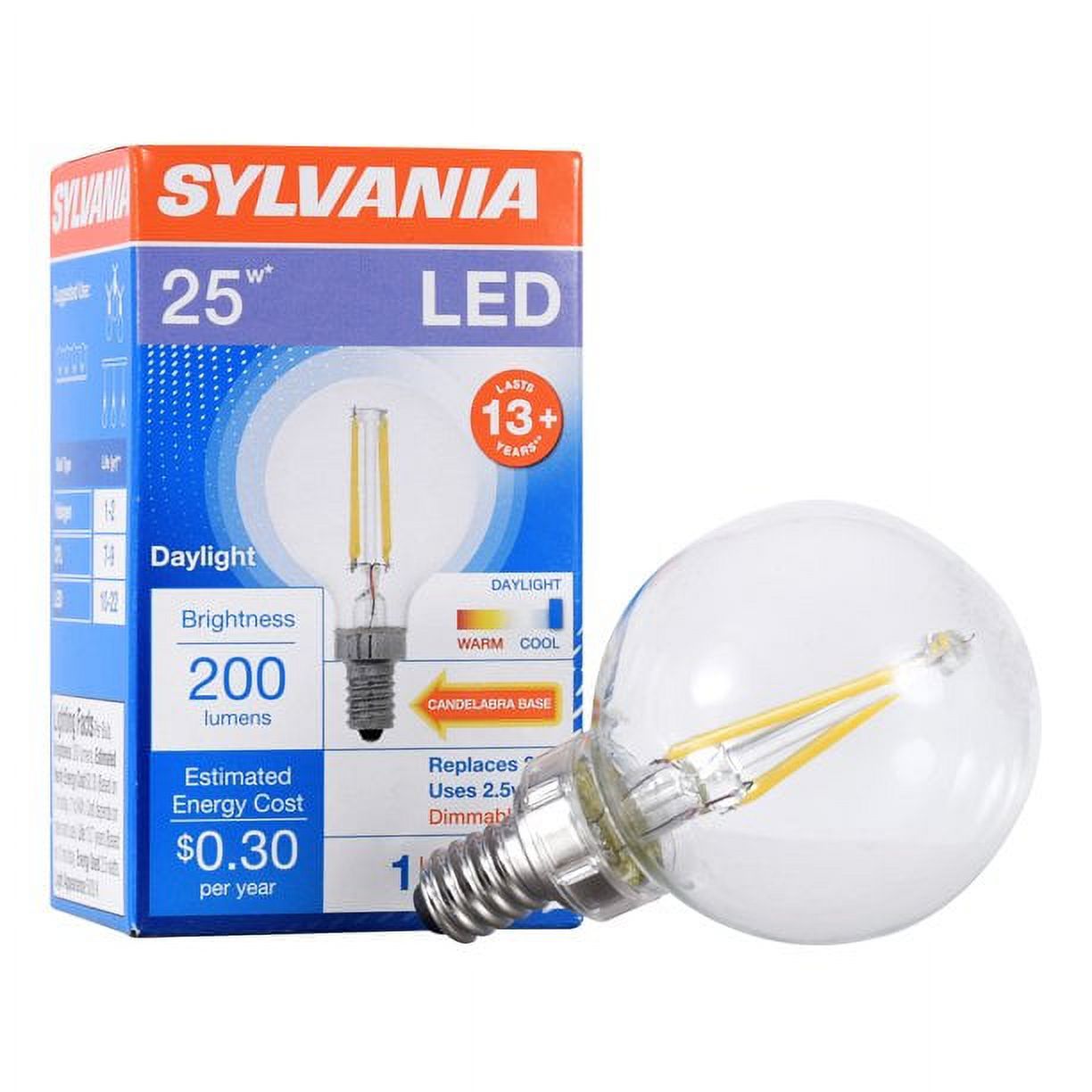 (8 bulbs) Sylvania LED G16.5 Globe, 25 watt equivalent, Daylight, Dimmable, Indoor Outdoor