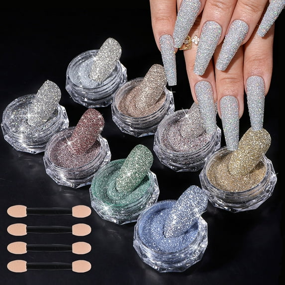 8 colors sparkle reflective diamond dust nail powder,silver purple green sparkling korea diamond glitter shimmer shiny crystal mermaid art pigment manicure powder for nails decoration