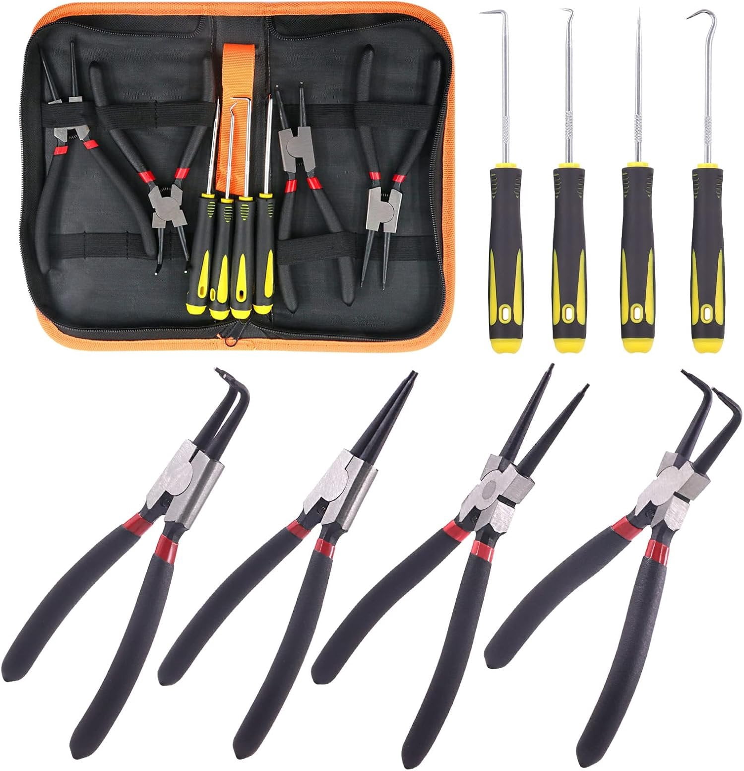 8 count 7 Inch Snap Ring Pliers Heavy Duty Hook Tool Set Internal External Circlip Pliers Tool Kit Straight Bent Jaw Pliers for Automotive Ring Removal Retaining
