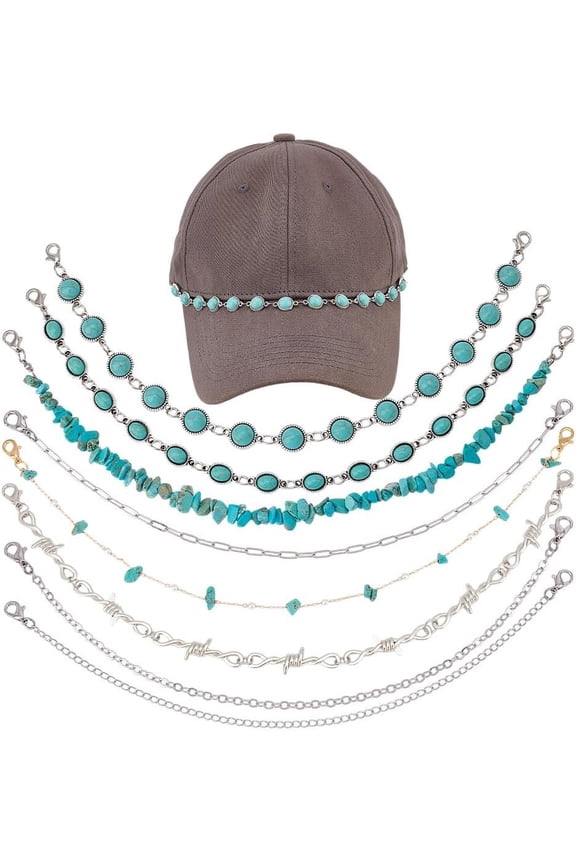 8 count 8 Styles Trucker Hat Chains, -Pop Style Trucket Hat Charms DIY Turquoise Metal Decoration Chains Caps Accessories Chains for Mesh Baseball Caps Bill Hat Party Supplies
