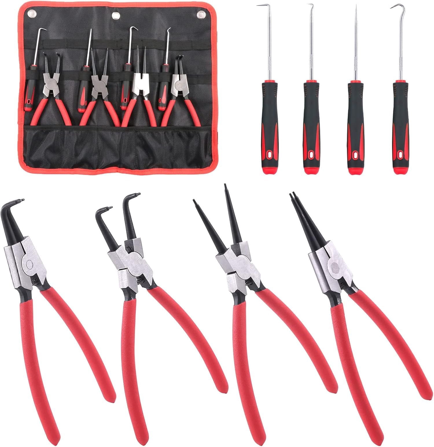 8 count 9 Inch Snap Ring Pliers Heavy Duty Hook Tool Set Internal External Circlip Pliers Tool Kit Straight Bent Jaw Pliers for Automotive Ring Removal Retaining