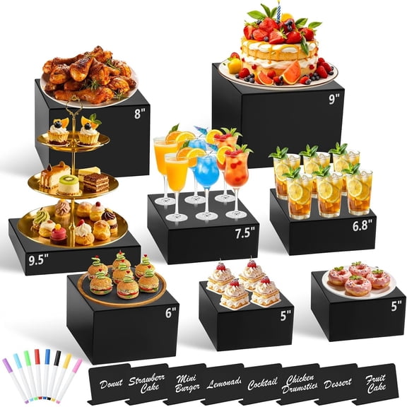 8 count Black Buffet Risers with Mini Sign and Marker, Black Risers for Party Catering Dessert Collectibles with Hollow Bottoms Nesting Cube Box (9.5" 9" 8" 7.5" 6.8" 6" 5" 5")