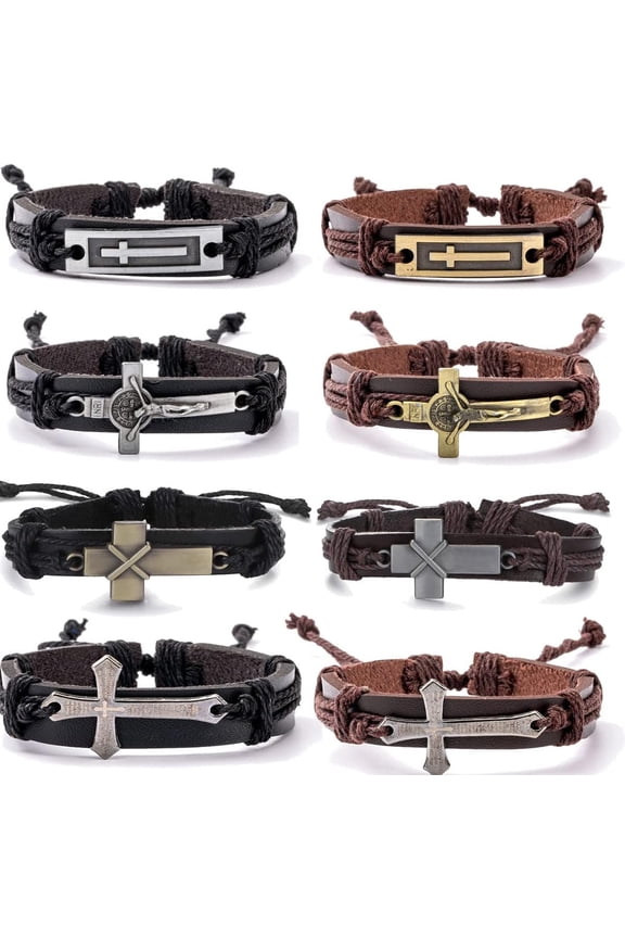 8 count Braided Leather Bracelets for Men Easter Basket Stuffers Woven Bracelet Religious Christian Adjustable Wristband Bracelets Set