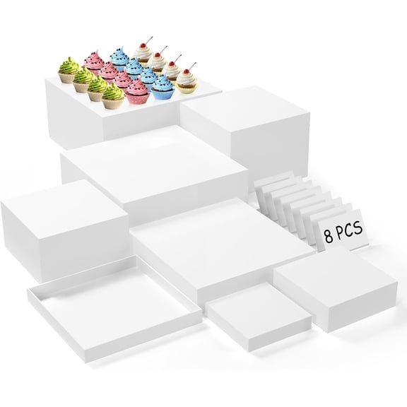 8 count Buffet Risers, Large Risers with Mini Signs, Buffet Table Cube Display Stands Box Risers for Party Catering Dessert Nesting Risers with Hollow Bottom White