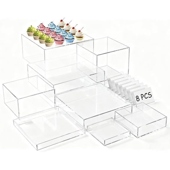 8 count Buffet Risers, Large Risers with Mini Signs, Buffet Table Cube Display Stands Clear Box Risers for Party Catering Dessert Nesting Risers with Hollow Bottom