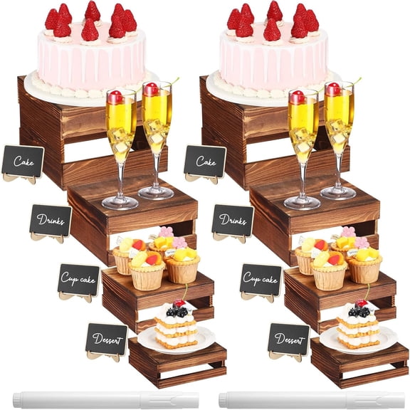 8 count Buffet Risers with Mini Signs Bulk Wooden Risers for Buffet Table Rustic Cake Stands Crate Dessert Display Stand with Hollow Bottoms for Wedding Birthday( Brown)