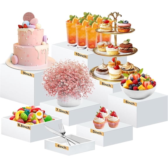 8 count Buffet Risers White,10"- 4" Large Display Stand for Party | Tiered Risers for Dessert,Collectibles,Stackable Hollow Nesting Set for Wedding Catering Supplies Showcas