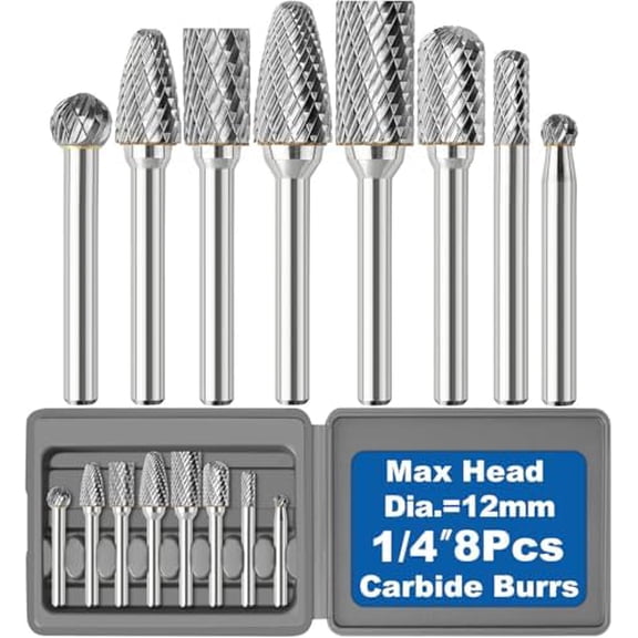 8 count Carbide Burr Set 1/4 Shank w/Grey Flat Box Max  Dia 12mm   Bits Rotary Tools Attachment Kit Accessories Metal  Stone Steel Grinding Deburring  Porting Carving