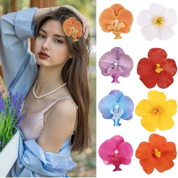 8 count Hawaiian Flower Hair Clips For Women Girls Artificial Hibiscus & Orchid Hair Barrettes Tropical Party Hair Decoration Accessories Boho Clips For Beach Party Wedding