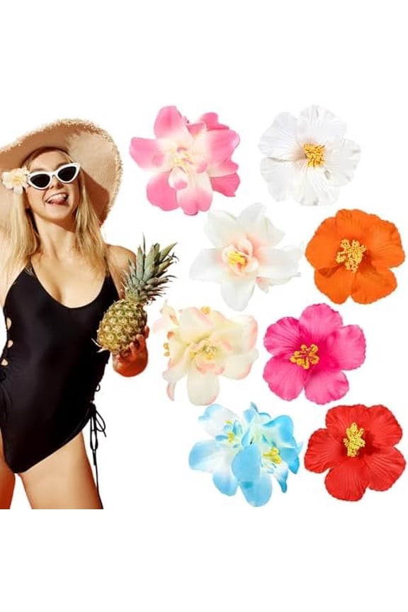 8 count Hawaiian Flower Hair Clips for Women, 2 Styles Artificial Flower Clips 3.5 Inch Plumeria Hibiscus Hair Clip Hair Accessories for Beach Party