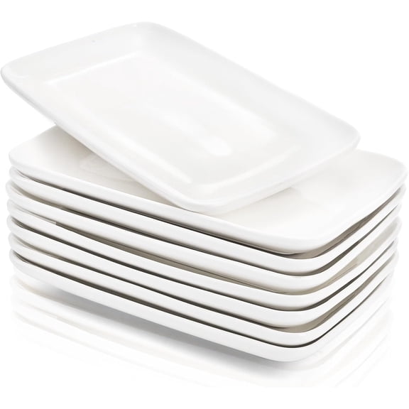 8 count Rectangular Plates 8 Inch Porcelain Platters, Dessert, Appetizer, Salad Plates White Serving Trays