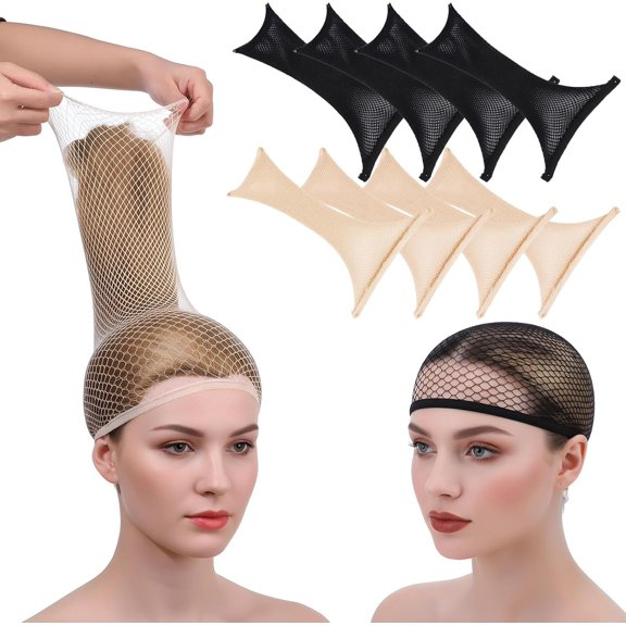 8 count Weaving Wig Caps For Women Long Short Hair Open-End Mesh Hair Net for Wig, Non Slip Stretchy Nylon Stocking Caps for Wigs Christmas Carnival Party (Beige, Black)