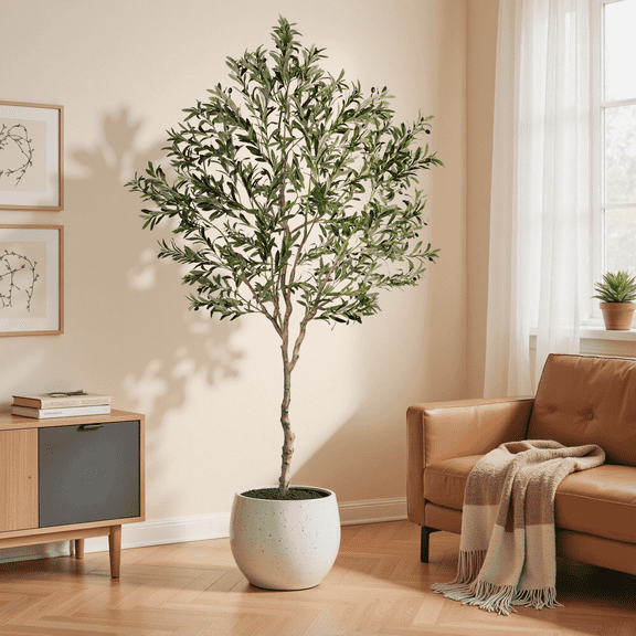 OLIVIVI Artificial Olive Tree 8FT Tall Faux Silk Plant for Home Office Decor Indoor Outdoor Fake Lifelike Potted Plant with Wood Branches 1 pack