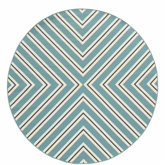 8 ft. Blue Geometric Stain Resistant Indoor & Outdoor Round Area Rug - Blue - 8 ft.