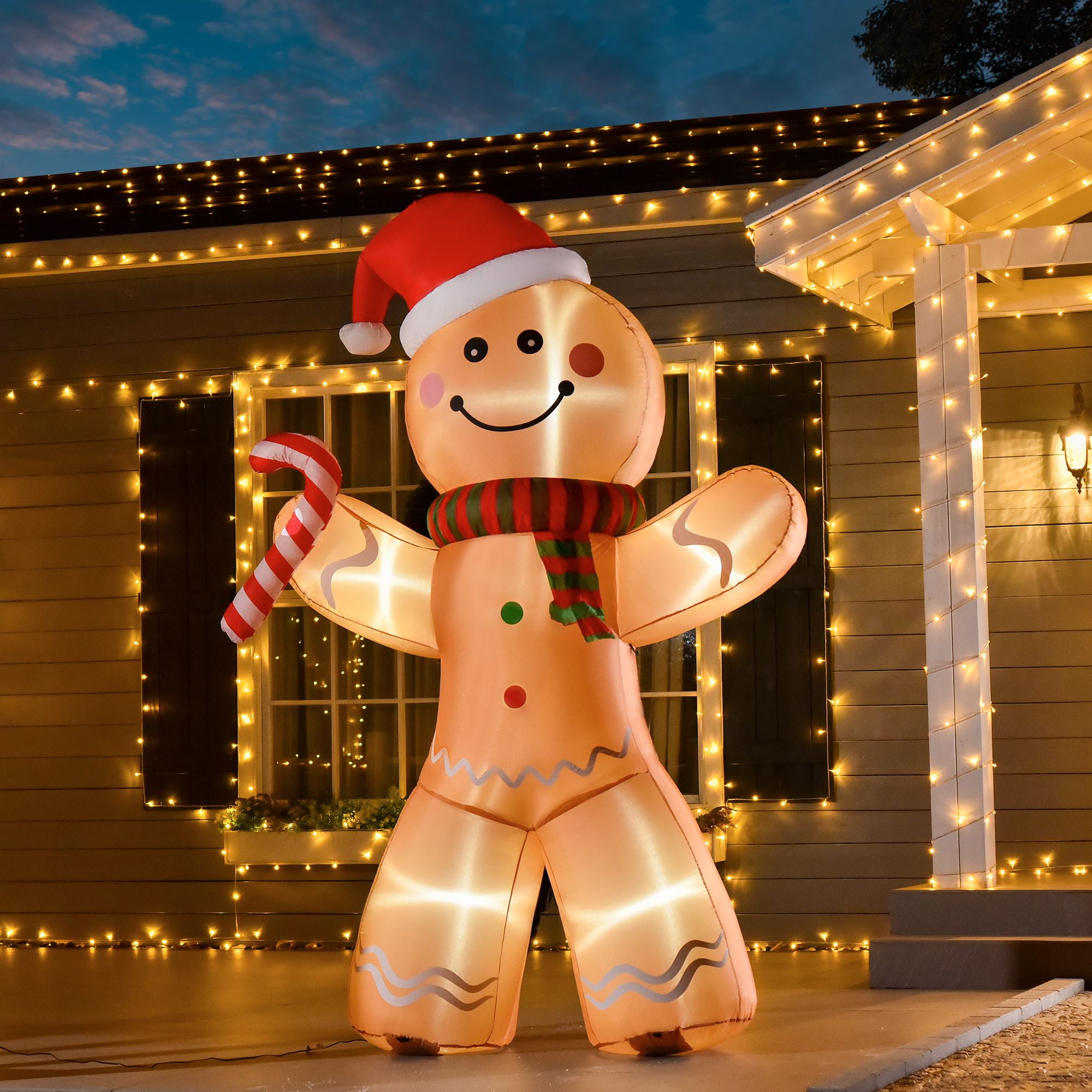 8 ft Christmas Inflatable Gingerbread Man with Candy Cane, LED Lighted Outdoor Yard Decoration, Weather-Resistant Polyester