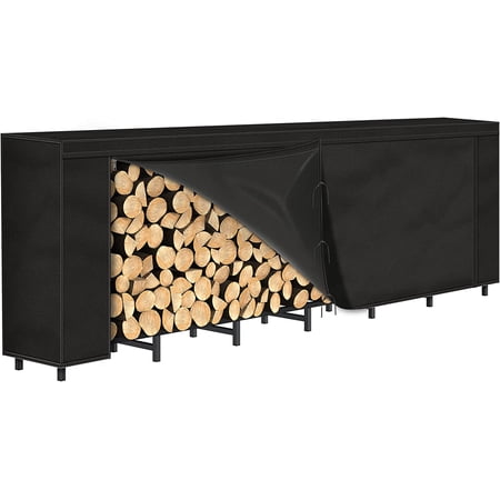 8 ft Firewood Rack Outdoor with Black Cover Combo Set Waterproof for Wood Storage, Adjustable Fire Log Stacker Stand, Black