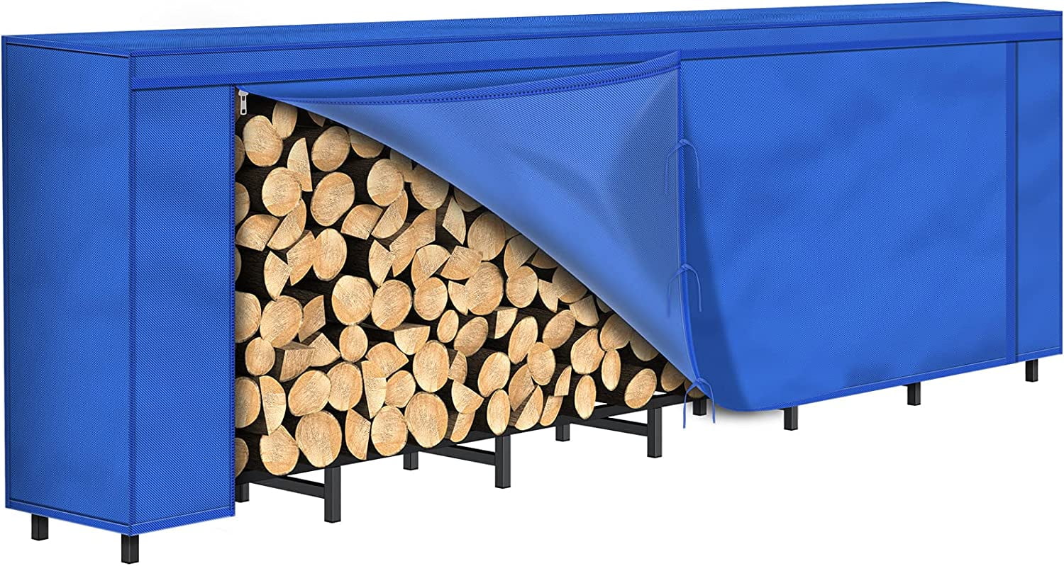 8 ft Firewood Rack Outdoor with Blue Cover Combo Set Waterproof for