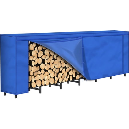 8 ft Firewood Rack Outdoor with Blue Cover Combo Set Waterproof for Wood Storage, Adjustable Fire Log Stacker Stand, Black