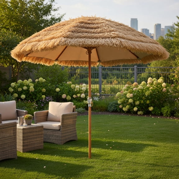 8 ft Hawaiian Tiki Umbrella with Natural Thatch Canopy,Rust-Resistant Steel Frame, UV-Protective Outdoor Patio & Beach S