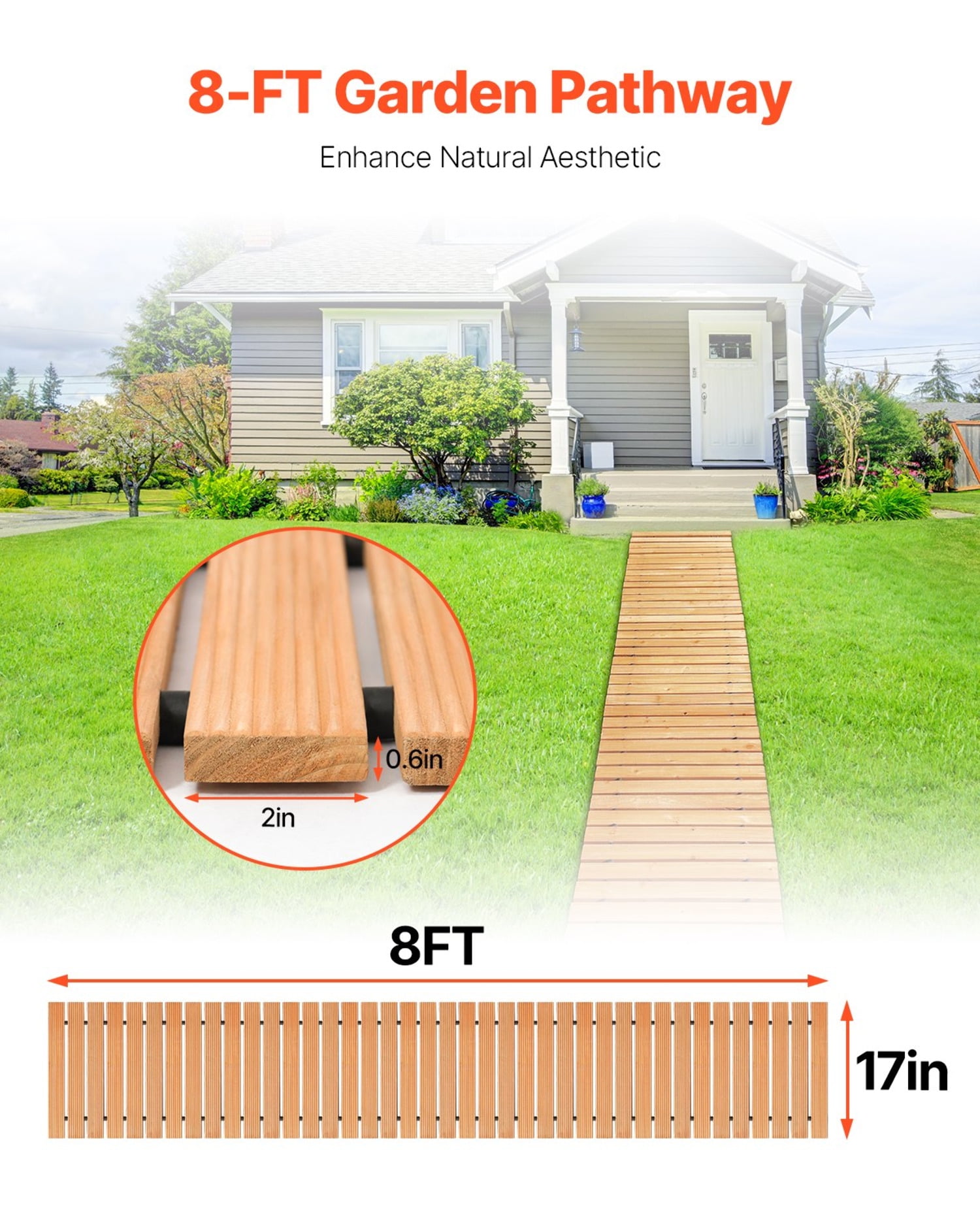 8FT Roll Out Wooden Garden Pathway - Outdoor Walkway With Non-Slip Surface For Yard & Events