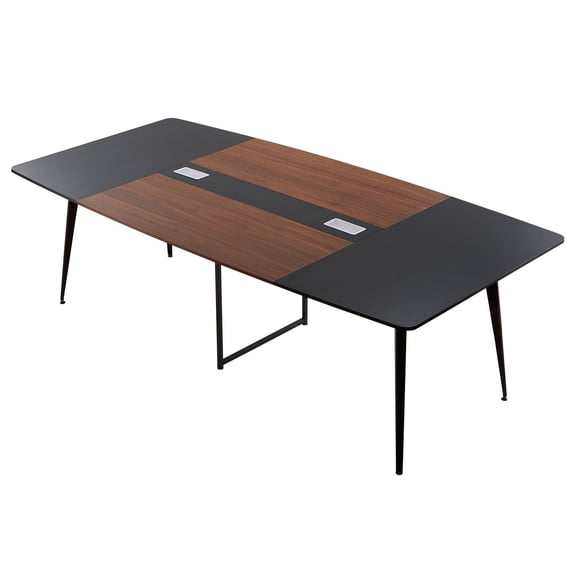 8 ft Modern Boat Shaped Conference Table for 10, Large Office Meeting Desk with Metal Legs, Easy Assembly Boardroom Table in Black Brown Finish