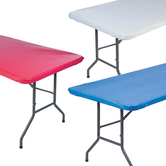8 ft. Patriotic Red, White & Blue Fitted Disposable Plastic Tablecloths Kit - 12 Pc.