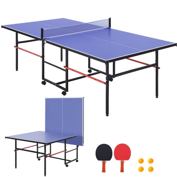 8 ft Portable Ping Pong Table, Foldable Indoor Outdoor Table Tennis Set with Net, 2 Paddles and 3 Balls - Professional Game for Adults Teens, Quick Assembly, Single Player Playback Mode