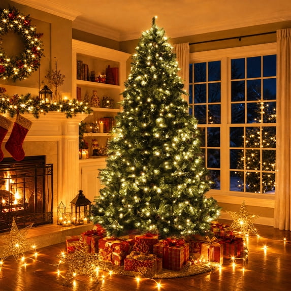 8 ft Pre‑lit Hinged Artificial Christmas Tree with Natural Pine Cones ...
