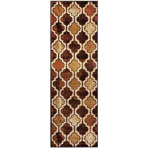 8 ft. Quatrefoil Power Loom Distressed Stain Resistant Machine Made Runner Rug, Coffee