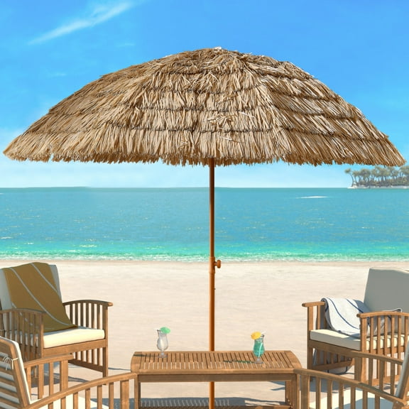 8 ft Raffia Thatch Patio Tiki Umbrella, Hawaiian Beach Palapa - Tropical Straw Hut Hula