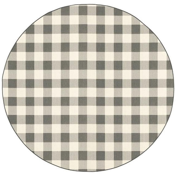 8 ft. Round Gray & Ivory Gingham Indoor & Outdoor Area Rug