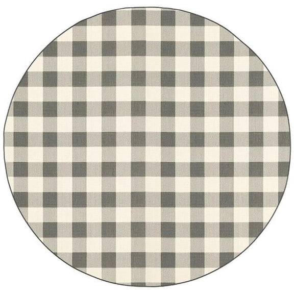 8 ft. Round Gray & Ivory Gingham Indoor & Outdoor Area Rug