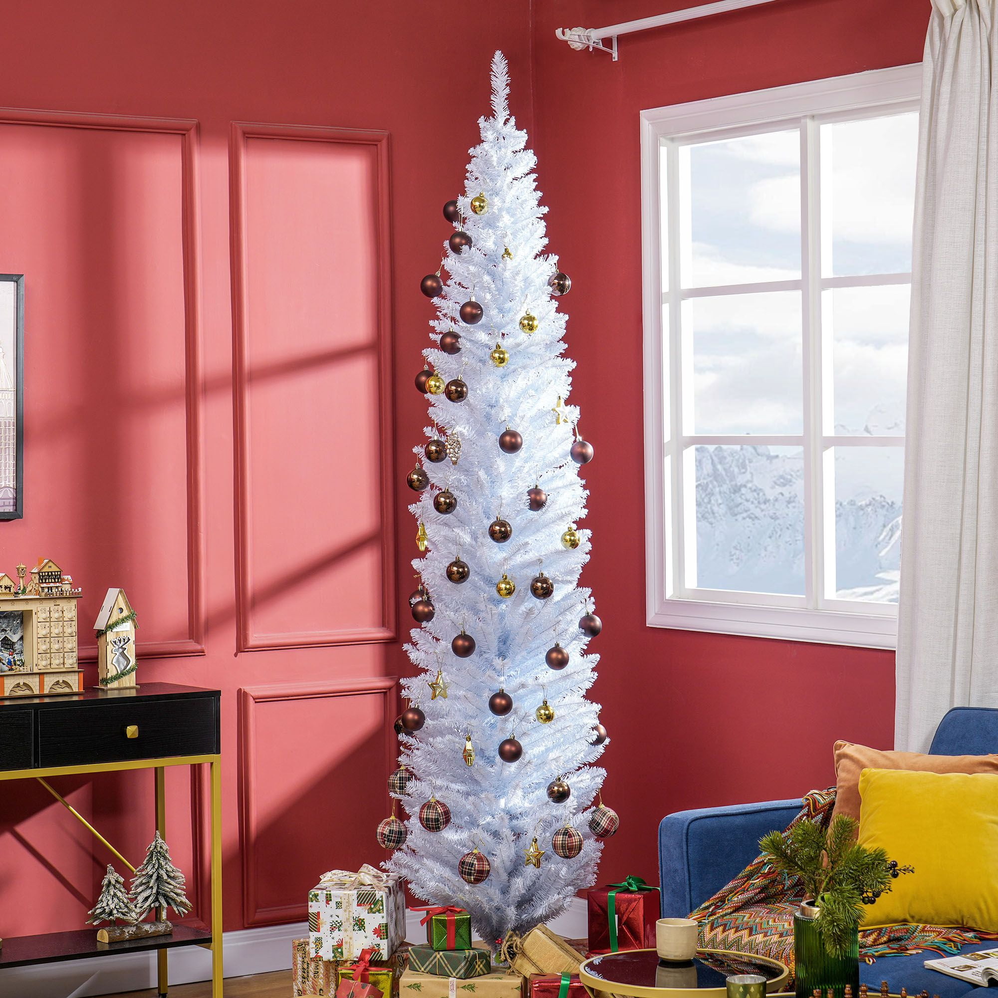 8 ft Skinny Pencil Artificial Christmas Tree with 618 Tips and Plastic Base, Unlit Slim Holiday Tree for Small Rooms and Apartments