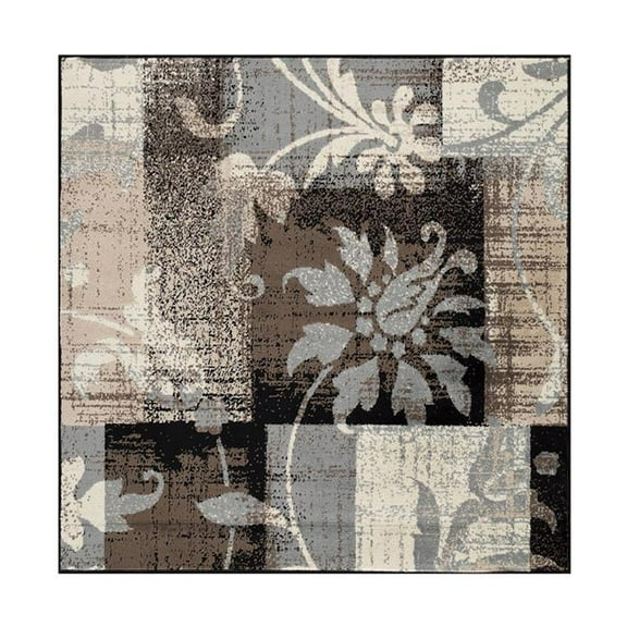 8 ft. Square Floral Power Loom Distressed Stain Resistant Square Area Rug - Beige & Gray