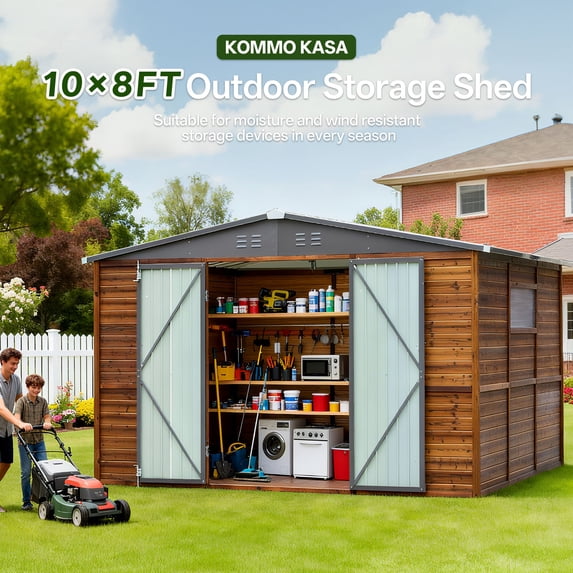 8 ft. W x 10 ft. D Outdoor Iron & Solid Wood Tool Storage Shed with Two Doors and Windows
