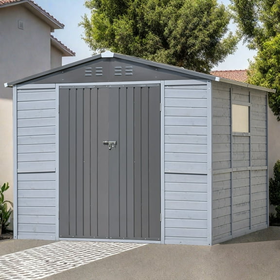 8 ft. W x 8 ft. D Outdoor Iron & Solid Wood Tool Storage Shed with Two Doors and Windows